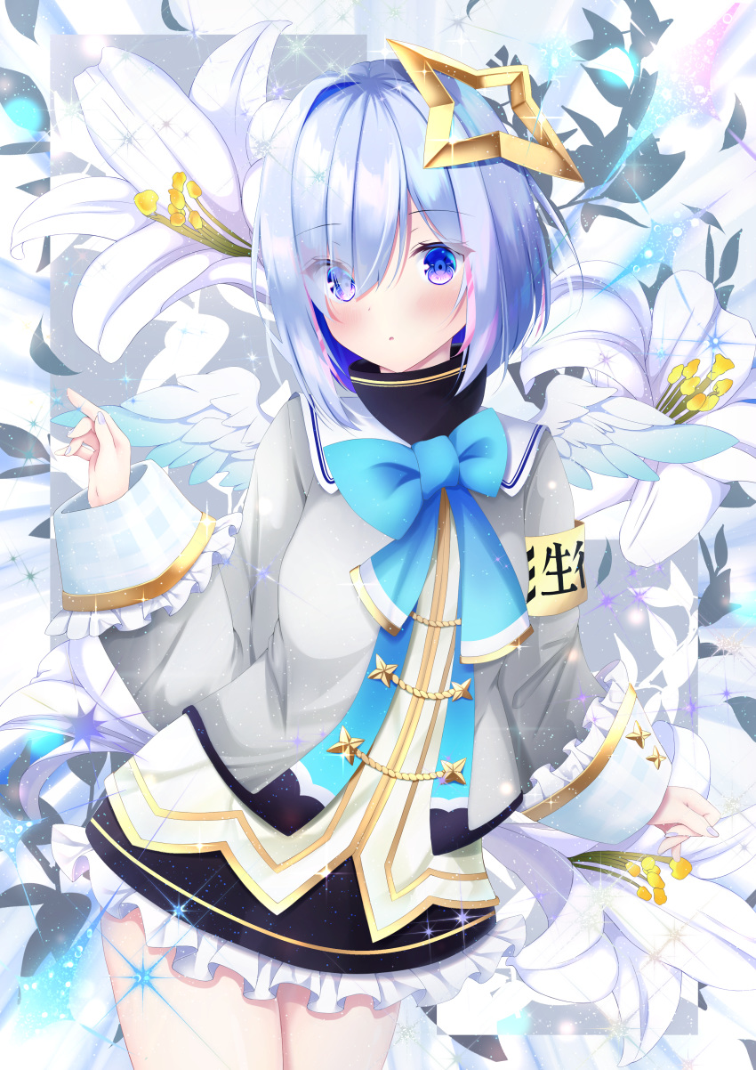 1girl absurdres amane_kanata angel_wings blue_ribbon blush commentary_request eyes_visible_through_hair flower hair_ornament highres hololive long_sleeves looking_at_viewer ribbon school_uniform short_hair silver_hair solo sparkle violet_eyes virtual_youtuber wings