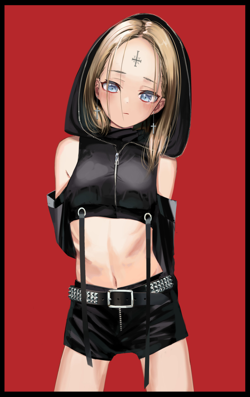 1girl absurdres arms_behind_back bare_shoulders belt black_border black_shorts blonde_hair blue_eyes blush border closed_mouth cowboy_shot cropped_hoodie cross cross_necklace detached_sleeves head_tilt highres hood hood_up jewelry latin_cross looking_at_viewer medium_hair midriff nadegata navel necklace original red_background shorts simple_background solo studded_belt zipper_pull_tab