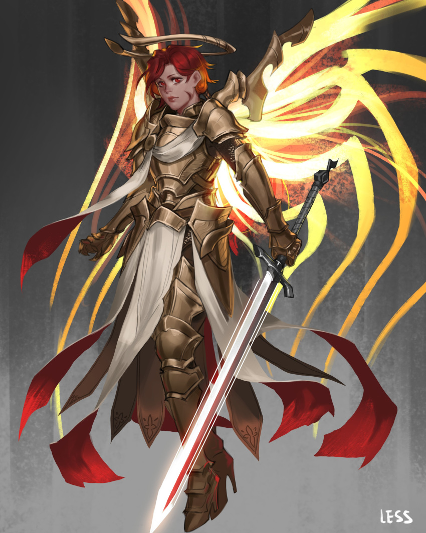 1girl absurdres armored_boots artist_name boots breastplate chainmail commentary commission energy_wings english_commentary faulds full_body gauntlets greaves halo high_heel_boots high_heels highres less looking_at_viewer orange_hair original pelvic_curtain plate_armor red_eyes redhead serious solo sword weapon wings