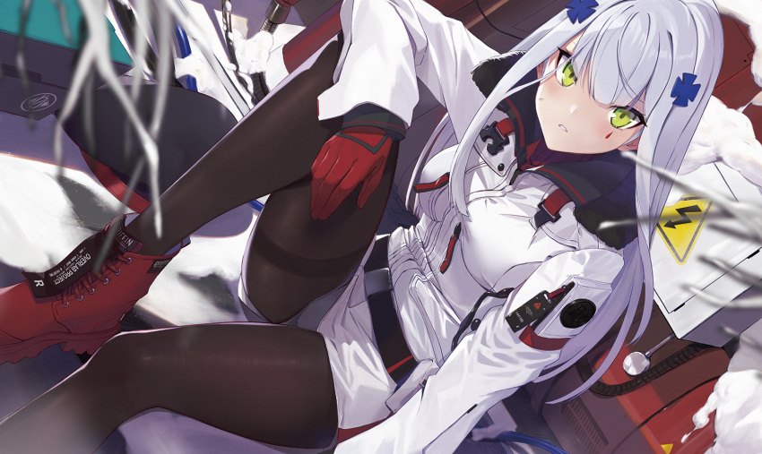 1girl alternate_costume bangs belt beret black_legwear blush boots coat commentary_request dutch_angle facial_mark girls_frontline gloves green_eyes hair_ornament hairclip hat hat_removed headwear_removed highres hk416_(girls_frontline) long_hair long_sleeves looking_at_viewer pantyhose parted_lips ranyu red_footwear red_gloves silver_hair sitting snow solo teardrop white_coat winter_clothes winter_coat