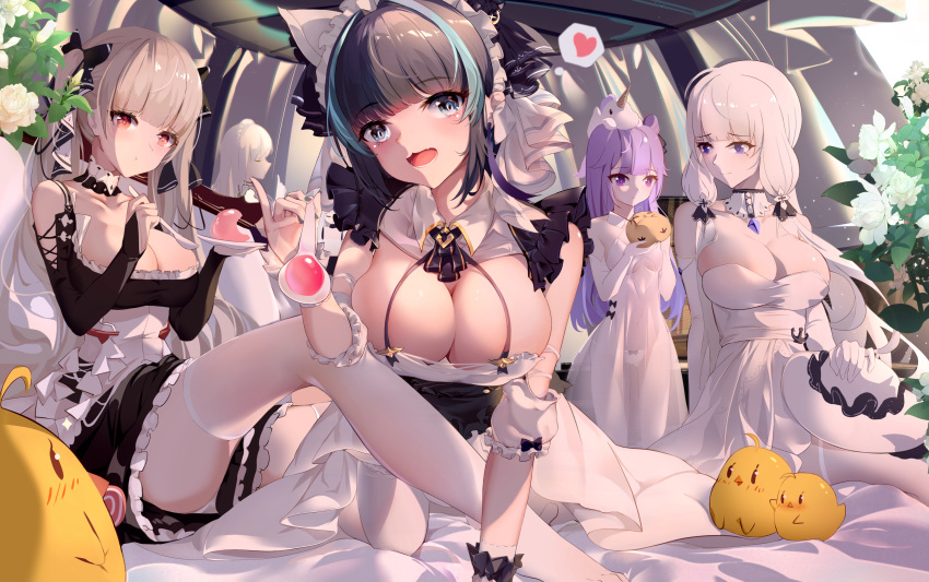 5girls absurdres animal_ears aqua_eyes aqua_hair azur_lane bare_shoulders black_bow black_dress bow breasts character_request cheshire_(azur_lane) detached_collar dress eating eyebrows_visible_through_hair fake_animal_ears flower formidable_(azur_lane) frilled_dress frills gloves hair_bow heart highres holding illustrious_(azur_lane) large_breasts light_brown_hair long_hair looking_at_viewer manjuu_(azur_lane) multicolored_hair multiple_girls open_mouth panties puffy_short_sleeves puffy_sleeves purple_hair red_eyes see-through short_sleeves sitting small_breasts spoken_heart twintails two-tone_hair underwear unicorn_(azur_lane) very_long_hair violet_eyes white_gloves white_hair white_legwear white_panties wrist_cuffs xiaoshan_jiang