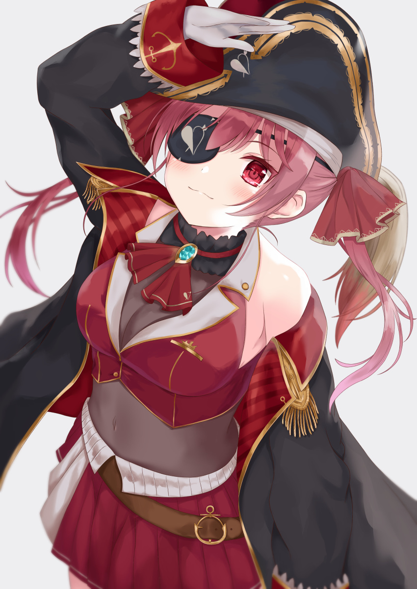 1girl :3 absurdres anchor_symbol aoba_mitsu arrow_through_heart ascot belt bicorne black_choker black_coat black_eyepatch black_headwear bodystocking brown_belt choker coat covered_navel crop_top embroidery epaulettes eyebrows_visible_through_hair eyepatch eyes frilled_choker frills gloves gold_trim hair_ribbon hat highres hololive houshou_marine leather_belt long_hair looking_at_viewer midriff miniskirt off_shoulder pirate pirate_costume pleated_skirt red_eyes red_neckwear red_ribbon red_shirt red_skirt redhead ribbon salute see-through shirt skirt sleeveless smile solo twintails two-tone_skirt virtual_youtuber white_gloves