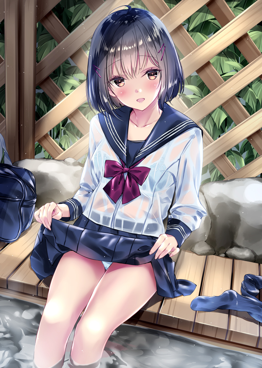 1girl :d absurdres ahoge bag bangs black_hair blue_legwear blue_skirt bra bra_through_clothes collarbone copyright_request fence hair_ornament hairclip highres kobayashi_chisato leaf legwear_removed lifted_by_self open_mouth orange_eyes panties pleated_skirt rock sailor_collar school_bag school_uniform see-through serafuku sitting skirt skirt_lift smile socks_removed solo thighs underwear water wet wet_clothes white_panties wooden_bench wooden_fence