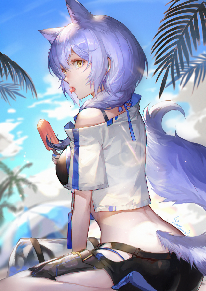 1girl absurdres alternate_costume animal_ears arknights ass bag bangs beach bikini blush braid breasts day food hair_between_eyes highres holding holding_food jacket large_tail long_hair looking_at_viewer outdoors popsicle provence_(arknights) purple_hair shorts silver_hair solo spade-m swimsuit tail thighs wolf_ears wolf_tail yellow_eyes