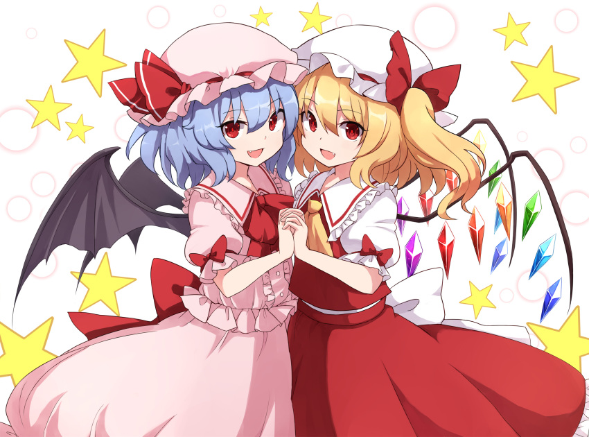 2girls back_bow bat_wings blonde_hair blue_hair bow crystal eyebrows_visible_through_hair fang flandre_scarlet frills hat hat_ribbon highres holding_hands interlocked_fingers looking_at_viewer medium_hair mob_cap multiple_girls open_mouth pink_headwear pink_shirt pink_skirt puffy_short_sleeves puffy_sleeves red_bow red_eyes red_neckwear red_ribbon red_skirt red_vest remilia_scarlet ribbon rizento shirt short_sleeves siblings side_ponytail sisters skirt smile star_(symbol) touhou upper_body vest white_background white_bow white_headwear white_shirt wings yellow_neckwear