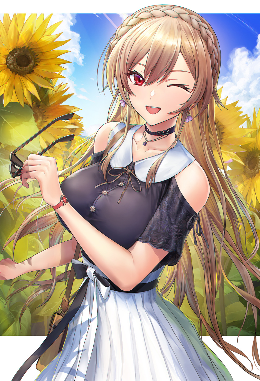 1girl ;d bag bangs bare_shoulders blush breasts brown_hair choker commentary_request earrings eyebrows_visible_through_hair flower furen_e_lustario hair_between_eyes highres holding holding_eyewear jewelry large_breasts long_hair looking_at_viewer morichika_shuuto neck_ribbon necklace nijisanji one_eye_closed open_mouth pleated_skirt purple_shirt red_eyes ribbon shirt short_sleeves shoulder_bag shoulder_cutout skirt smile solo sunflower very_long_hair virtual_youtuber watch watch white_skirt