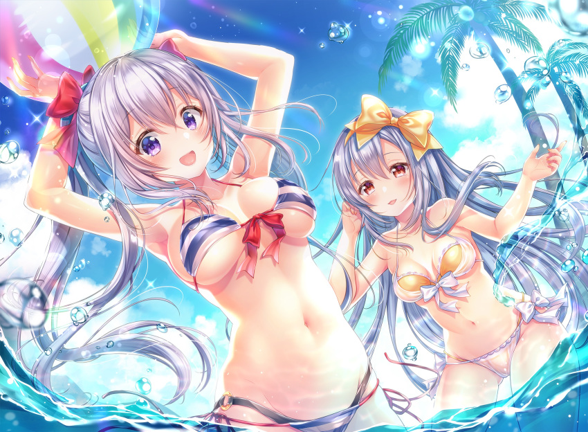 2girls :d aoba_chise aoba_project aoba_rena armpits arms_up ass_visible_through_thighs ball bare_arms bare_shoulders beachball bikini blue_hair blue_sky bow breasts breasts_apart clouds day floating_hair front-tie_bikini front-tie_top hair_bow halter_top halterneck highleg highleg_bikini highres holding large_breasts lens_flare long_hair looking_at_viewer mismatched_bikini multiple_girls navel open_mouth outdoors palm_tree parted_lips red_bow red_eyes sakura_moyon silver_hair sky smile stomach striped striped_bikini sunlight swimsuit tree very_long_hair violet_eyes wading water yellow_bow