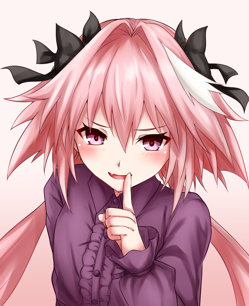 1boy absurdres astolfo_(fate) bangs black_bow blush bow center_frills fang fate/apocrypha fate_(series) finger_to_mouth hair_between_eyes hair_intakes highres index_finger_raised long_hair long_sleeves looking_at_viewer low_twintails multicolored_hair nagishy open_mouth otoko_no_ko pink_hair purple_shirt shirt shushing skin_fang smile streaked_hair twintails violet_eyes white_hair