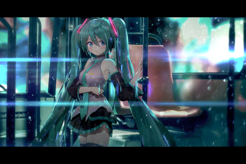 1girl aqua_neckwear bangs bbbbit blue_eyes blue_hair bus_interior detached_sleeves hair_between_eyes hatsune_miku highres long_hair looking_to_the_side necktie solo thigh-highs twintails vehicle_interior vocaloid