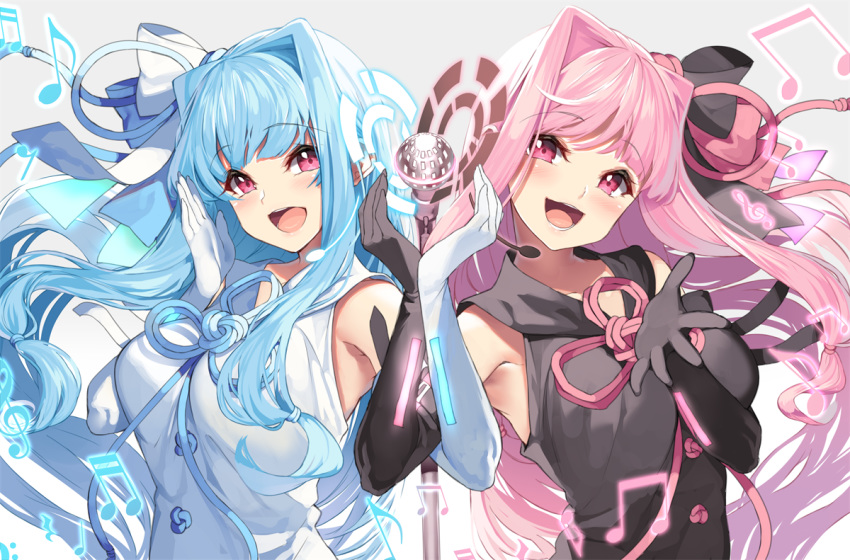 2girls :d beamed_eighth_notes beamed_sixteenth_notes black_bow black_dress black_gloves blue_hair blue_ribbon blush bow breasts commentary dress eighth_note elbow_gloves gloves grey_background hair_bow hair_ribbon hands_up kotonoha_akane kotonoha_aoi medium_breasts microphone microphone_stand multiple_girls musical_note open_mouth pink_hair pink_ribbon quarter_note ribbon siblings sisters sleeveless sleeveless_dress smile synthesizer_v treble_clef twins upper_body violet_eyes voiceroid white_bow white_dress white_gloves yappen