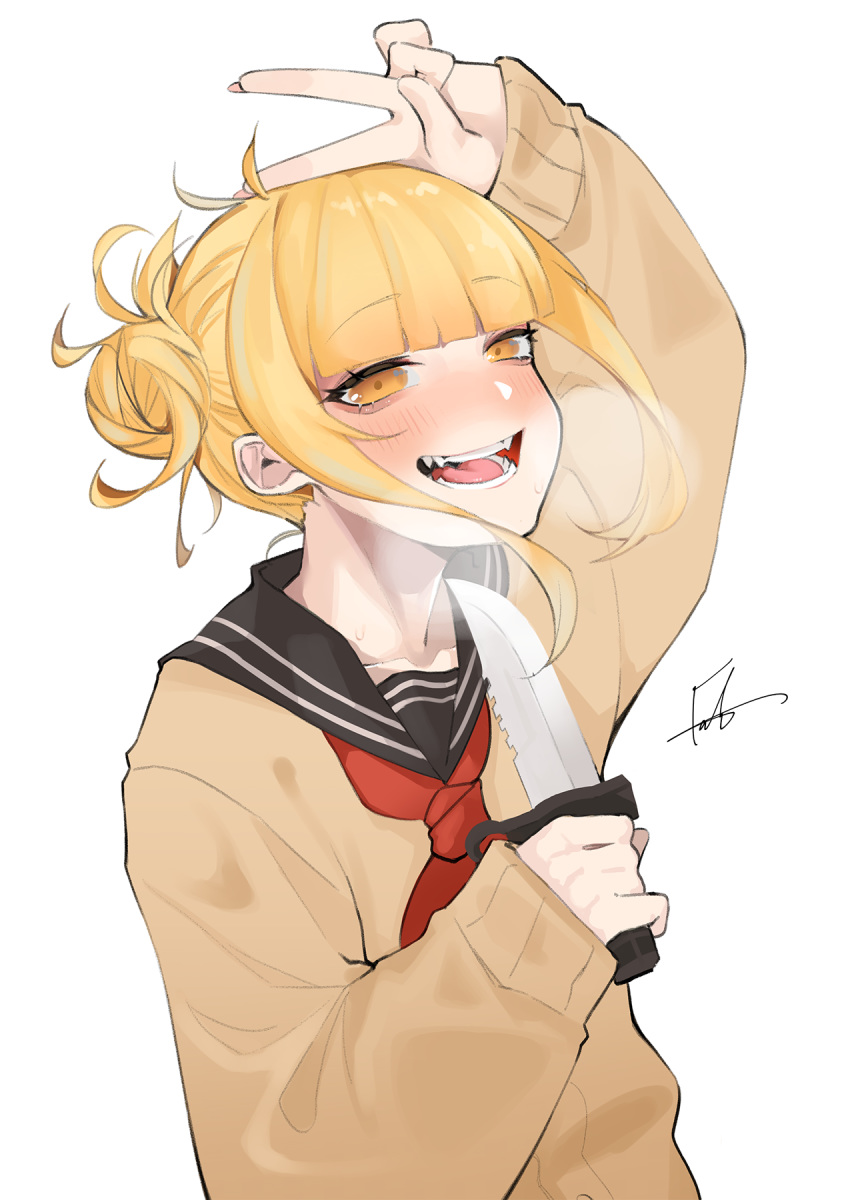 1girl arm_up bags_under_eyes bangs blonde_hair blunt_bangs blush boku_no_hero_academia breath cardigan commentary_request double_bun fangs fataaa happy highres holding holding_knife holding_weapon knife long_sleeves messy_hair neckerchief red_neckwear sailor_collar short_hair signature simple_background sleeves_past_wrists solo teeth toga_himiko upper_body v weapon white_background yellow_cardigan yellow_eyes