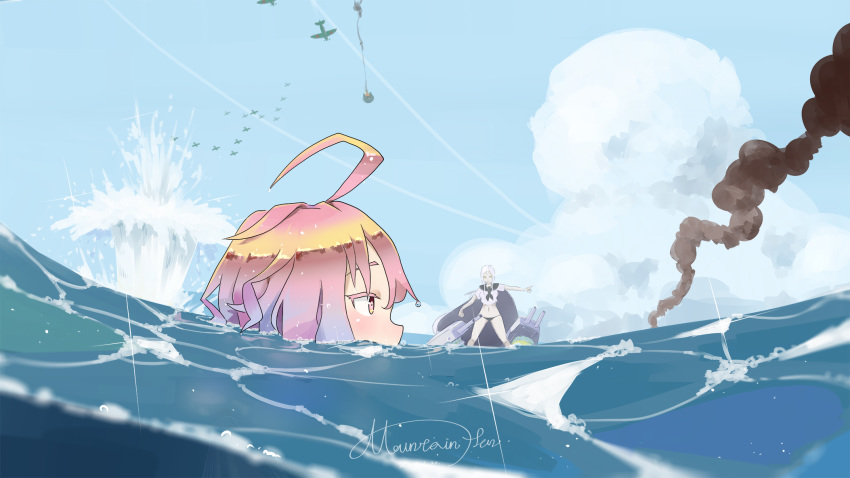 ahoge aircraft blue_sky blush clouds fire from_side highres i-58_(kantai_collection) kantai_collection mountain_han navel outstretched_arm pink_eyes pink_hair rigging short_hair signature sky smoke splashing swimming ta-class_battleship thighs waves white_hair