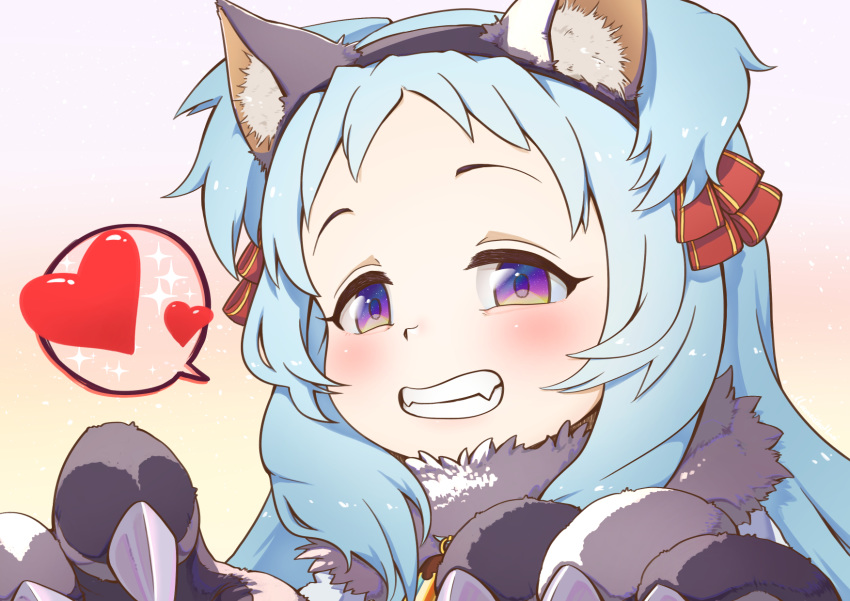 1girl :d animal_ear_fluff animal_ears blue_hair blush bow claws fangs fur_collar gloves hair_bow hairband heart highres looking_at_viewer miyako_(princess_connect!) mountain_han open_mouth paw_gloves paws princess_connect! princess_connect!_re:dive red_bow smile solo spoken_heart upper_body violet_eyes