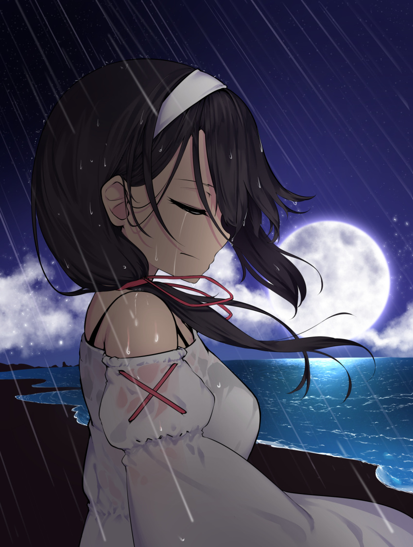 1girl bangs bare_shoulders black_hair breasts closed_eyes clouds cloudy_sky crying dress from_side full_moon hair_over_shoulder hairband highres horizon lavie long_hair long_sleeves medium_breasts moon night night_sky ocean original outdoors rain red_ribbon ribbon sky solo star_(sky) starry_sky streaming_tears tears upper_body water wet wet_clothes white_dress white_hairband wind