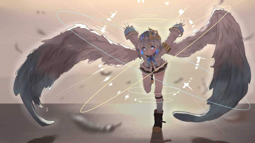 1girl absurdres amane_kanata angel_wings armband blue_ribbon boots commentary_request full_body hair_ornament highres hololive leg_up long_sleeves looking_at_viewer ribbon school_uniform short_hair simple_background smile solo violet_eyes wings