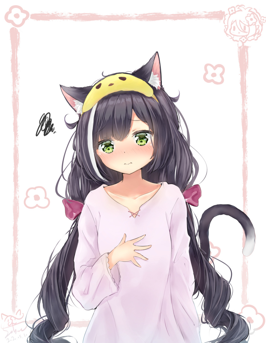 1girl animal_ear_fluff animal_ears black_hair blush cat_ears cat_tail closed_mouth dated green_eyes hair_flaps highres karyl_(princess_connect!) long_hair long_sleeves low_twintails mask mask_on_head multicolored_hair princess_connect! princess_connect!_re:dive seboneko signature sleep_mask sleepwear solo squiggle streaked_hair tail twintails upper_body