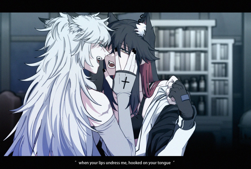 2girls animal_ear_fluff animal_ears arknights bangs black_hair black_jacket bookshelf elbow_gloves english_text eyebrows_visible_through_hair fingerless_gloves gloves grey_eyes grey_k411 hair_between_eyes hair_ornament hairclip hand_on_another's_face highres jacket lappland_(arknights) long_hair long_sleeves multiple_girls redhead scar silver_hair texas_(arknights) undressing white_jacket wolf_ears yuri