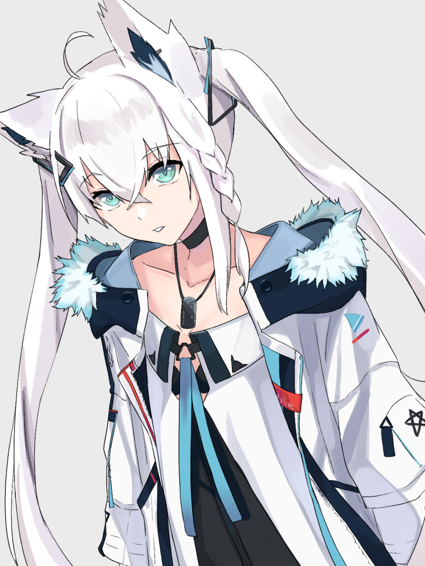 1girl animal_ears bangs black_bra black_choker black_dress bra braid choker collarbone commentary_request dog_tags dress eyebrows_visible_through_hair fox_ears fox_girl fur-trimmed_jacket fur_trim green_eyes grey_background hair_between_eyes hair_ornament hairclip highres hitachi_sou hololive jacket looking_at_viewer open_clothes open_jacket pentagram shirakami_fubuki shirt sidelocks simple_background single_braid solo twintails underwear virtual_youtuber white_hair white_jacket white_shirt