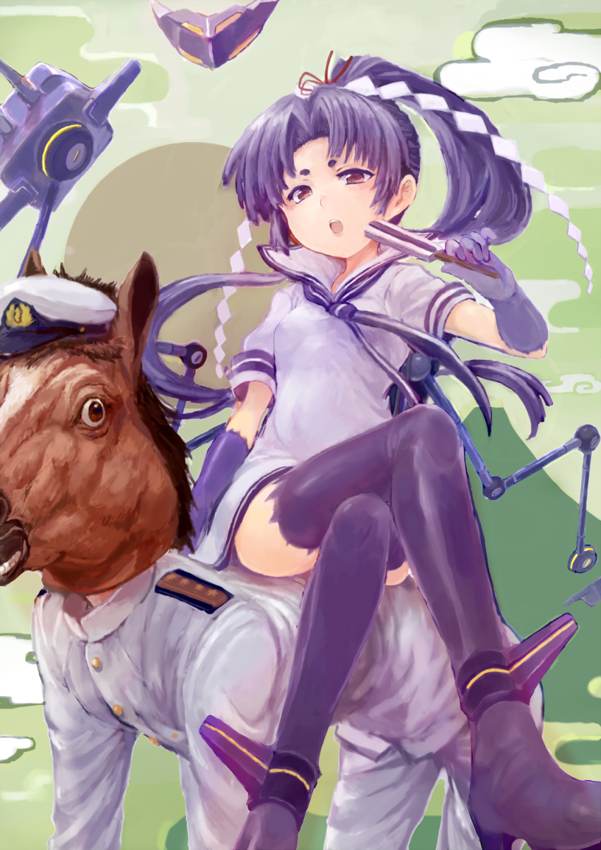 1boy 1girl admiral_(kantai_collection) boots closed_fan clouds crossed_legs dress elbow_gloves fan folding_fan girl_on_top gloves green_background hair_ribbon hatsuharu_(kantai_collection) highres hikimayu holding holding_fan horse_mask human_chair human_furniture kantai_collection long_hair mountain open_mouth ponytail purple_footwear purple_gloves purple_legwear ribbon rigging sailor_collar sailor_dress shide sitting sitting_on_person sowamame thigh-highs white_dress white_sailor_collar