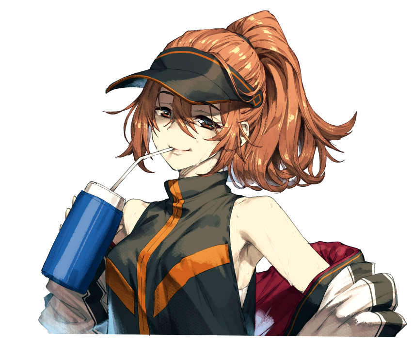 1girl bangs blush breasts brown_eyes brown_hair cozy drink drinking drinking_straw highres holding holding_drink holding_thermos jacket long_hair looking_at_viewer original ponytail removing_jacket shirt sleeveless sleeveless_shirt smile solo undressing visor_cap