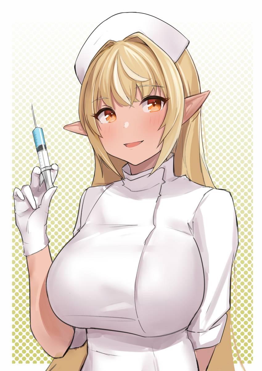1girl absurdres alternate_costume bangs blonde_hair blush breasts dark_skin dh-zone dress elf eyebrows_visible_through_hair hair_down hair_intakes hat highres hololive large_breasts long_hair long_sleeves looking_at_viewer multicolored_hair nurse nurse_cap parted_lips pointy_ears red_eyes shiranui_flare sleeves_folded_up smile solo streaked_hair syringe upper_body very_long_hair virtual_youtuber white_dress white_hair