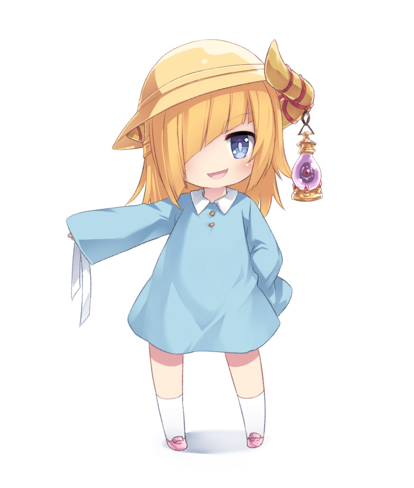 1girl blonde_hair blue_dress child dress full_body hair_over_one_eye hand_on_hip hat highres horn_ornament horns kindergarten_uniform kneehighs original outstretched_arm pink_footwear school_hat shoes short_hair simple_background sleeves_past_wrists smile solo tamase_tama virtual_youtuber white_background white_legwear yellow_headwear