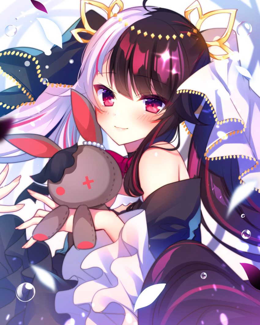 alternate_costume blush commentary_request detached_sleeves fingernails gothic_lolita hair_ornament highres lolita_fashion looking_at_viewer multicolored_hair nijisanji petals portrait red_eyes stuffed_animal stuffed_bunny stuffed_toy virtual_youtuber white_background yorumi_rena ytuorvi