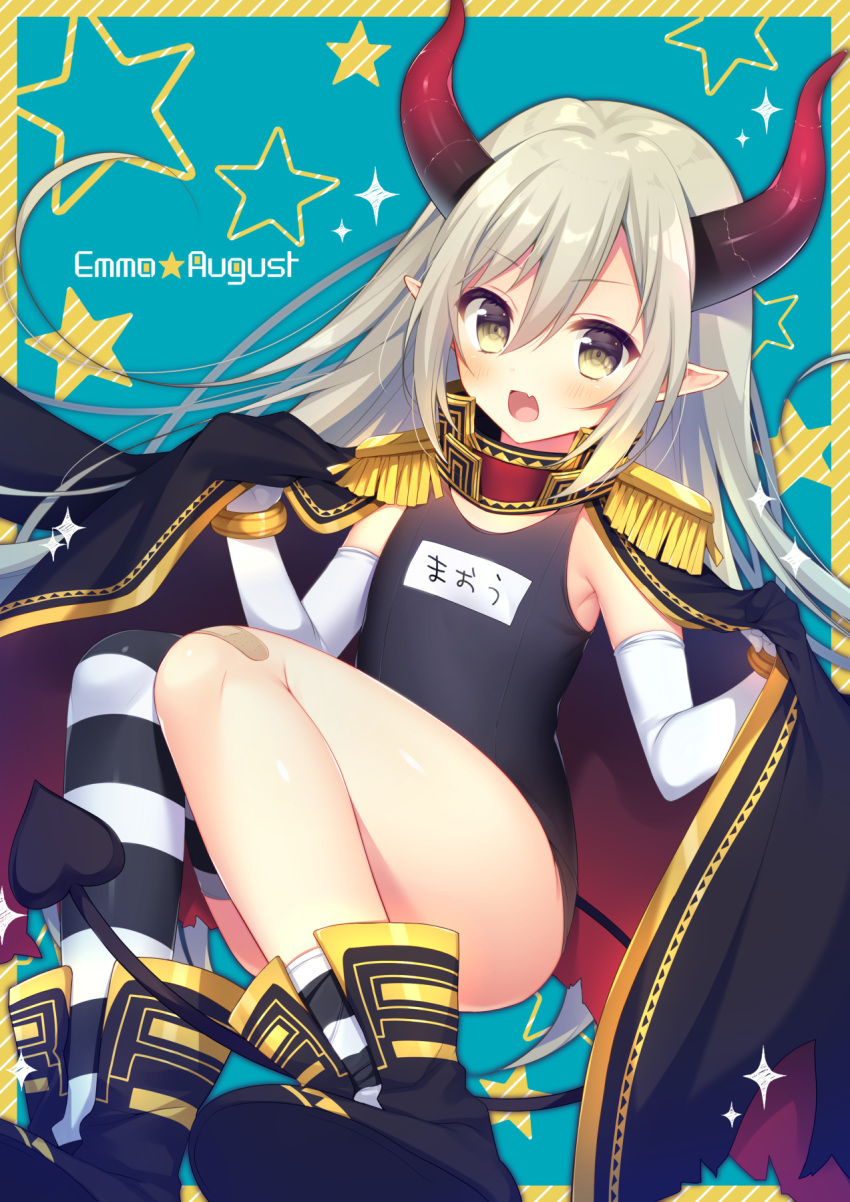 1girl blush boots character_name demon_horns demon_tail emma_august epaulettes fang grey_hair highres horns military_jacket nijisanji open_mouth pointy_ears red_eyes school_swimsuit single_thighhigh solo swimsuit tail thigh-highs virtual_youtuber yellow_eyes ytuorvi