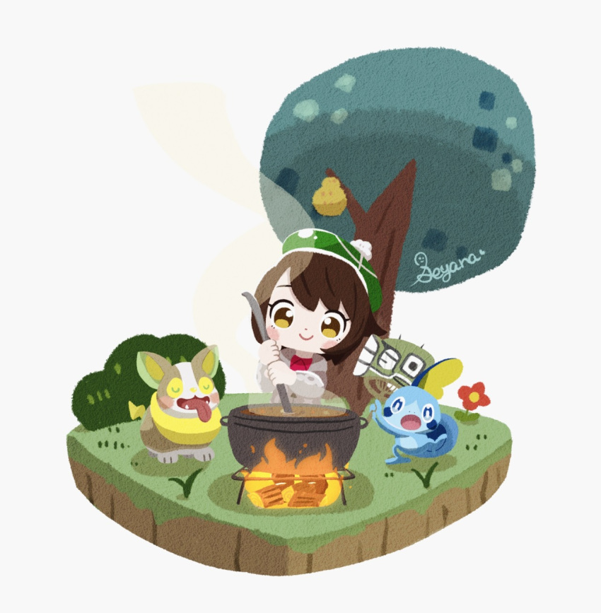 1girl artist_name bangs berry_(pokemon) blush_stickers bob_cut brown_eyes brown_hair bush cardigan chibi closed_eyes closed_mouth commentary_request cooking creature curry fangs fire flower food gen_8_pokemon grass green_headwear grey_background grey_cardigan hat highres holding holding_ladle ladle log long_sleeves outdoors pokemon pokemon_(creature) pokemon_(game) pokemon_swsh pot seyana_(seyanaillust) short_hair simple_background smile sobble standing starter_pokemon steam tam_o'_shanter tongue tongue_out tree yamper yuuri_(pokemon)