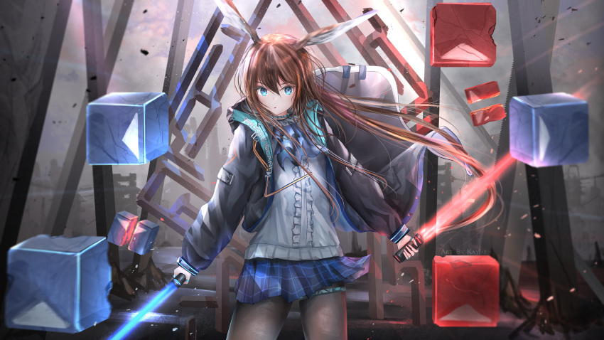 1girl amiya_(arknights) animal_ears arknights bangs beat_saber black_jacket blue_eyes brown_hair dual_wielding energy_sword eyebrows_visible_through_hair floating_hair hair_between_eyes highres holding jacket jewelry kayjae lightsaber long_hair long_sleeves looking_at_viewer open_clothes open_jacket pantyhose ponytail rabbit_ears ring shirt sidelocks skirt solo sword weapon