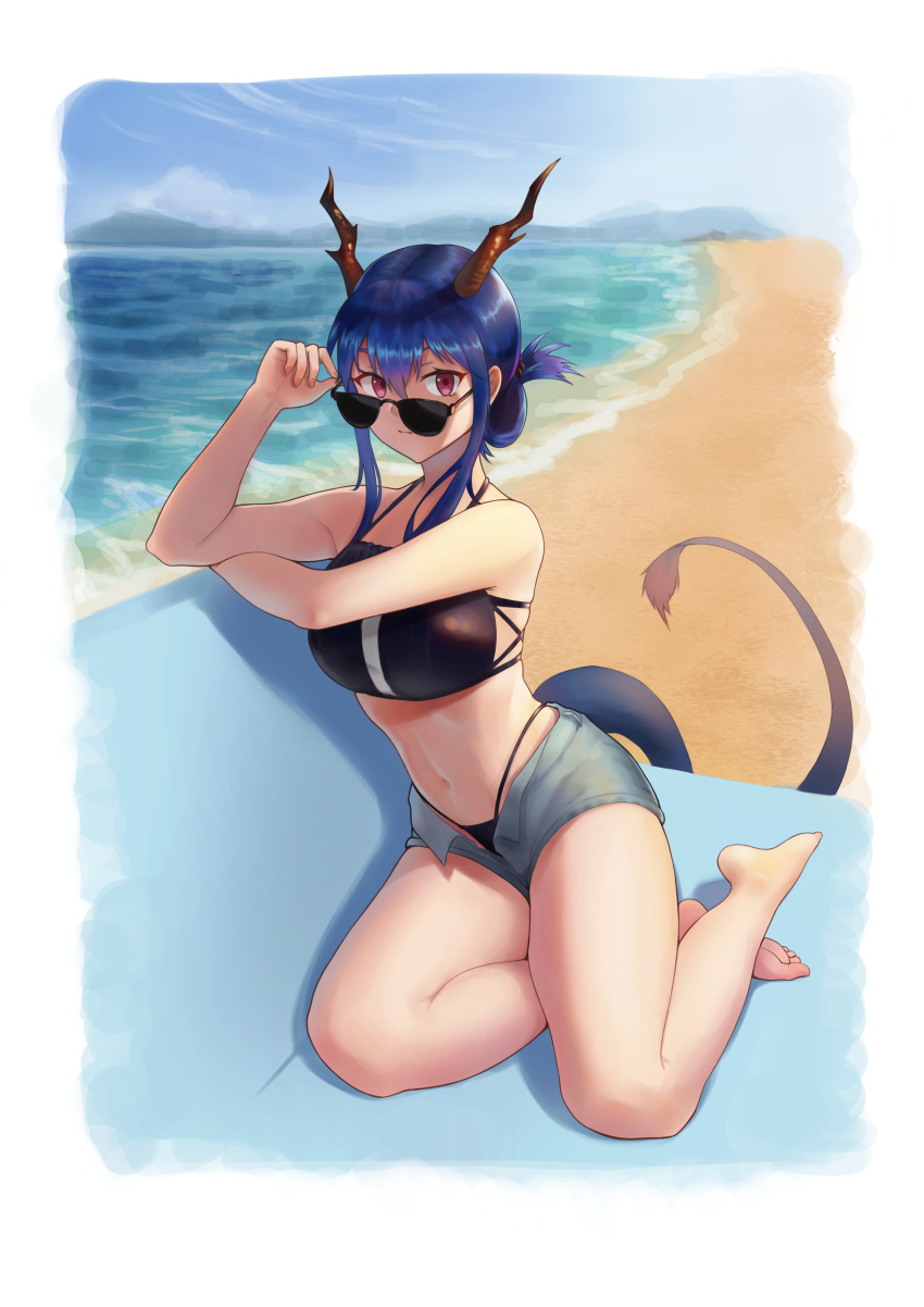 1girl absurdres arknights bangs bare_arms bare_legs bare_shoulders barefoot beach bikini black_bikini blue_hair blue_sky ch'en_(arknights) clouds commentary_request day dragon_horns dragon_tail grey_shorts hair_between_eyes hand_up highleg highleg_bikini highres horns leveup long_hair looking_at_viewer navel ocean open_fly outdoors shadow short_shorts shorts sidelocks sky solo stomach sunglasses swimsuit tail thighs violet_eyes