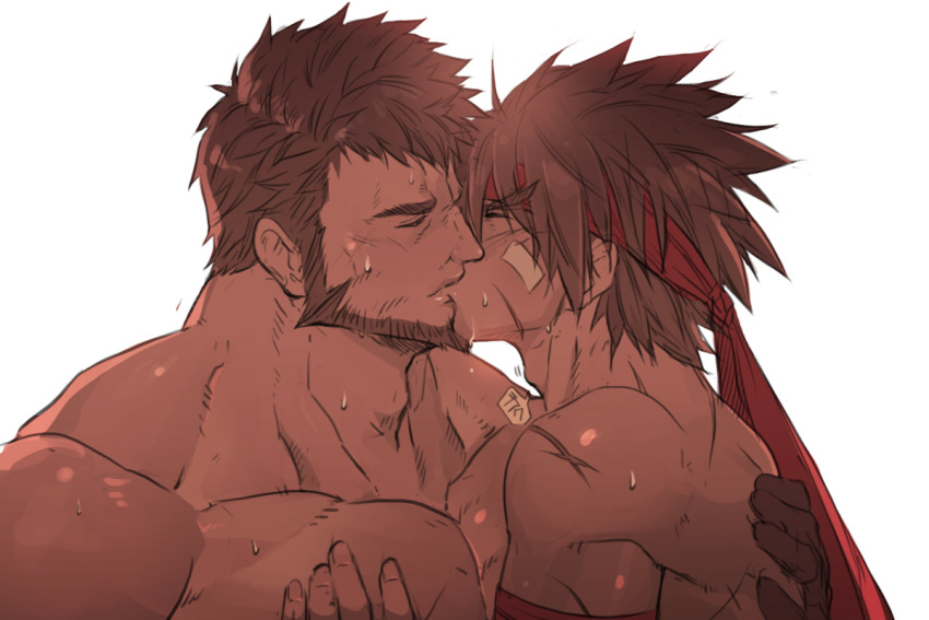 2boys bara blush brown_hair chest dungeon_and_fighter facial_hair headband kiss male_fighter_(dungeon_and_fighter) male_focus male_priest_(dungeon_and_fighter) multiple_boys muscle nikism pectoral_grab pectorals priest_(dungeon_and_fighter) striker_(dungeon_and_fighter) sweat upper_body yaoi