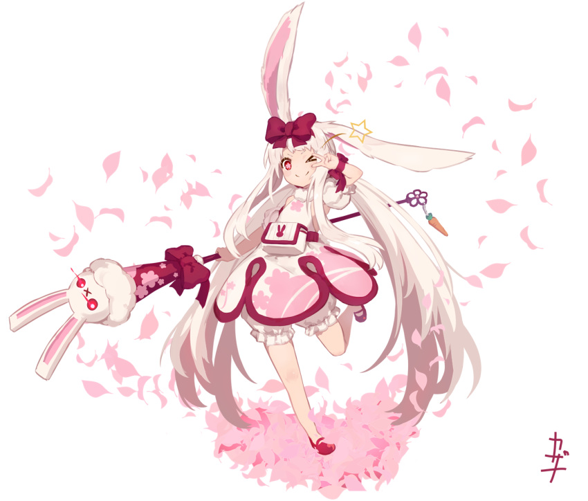 &gt;_o 1girl ;) animal_ears bare_shoulders bloomers bow closed_mouth detached_sleeves dress flower-shaped_pupils hair_bow highres holding holding_staff kazana_(sakuto) long_hair mary_janes one_eye_closed original petals puffy_short_sleeves puffy_sleeves rabbit_ears red_bow red_footwear shoes short_sleeves signature simple_background sleeveless sleeveless_dress smile solo staff standing standing_on_one_leg star_(symbol) underwear v_over_eye very_long_hair white_background white_bloomers white_dress white_hair white_sleeves