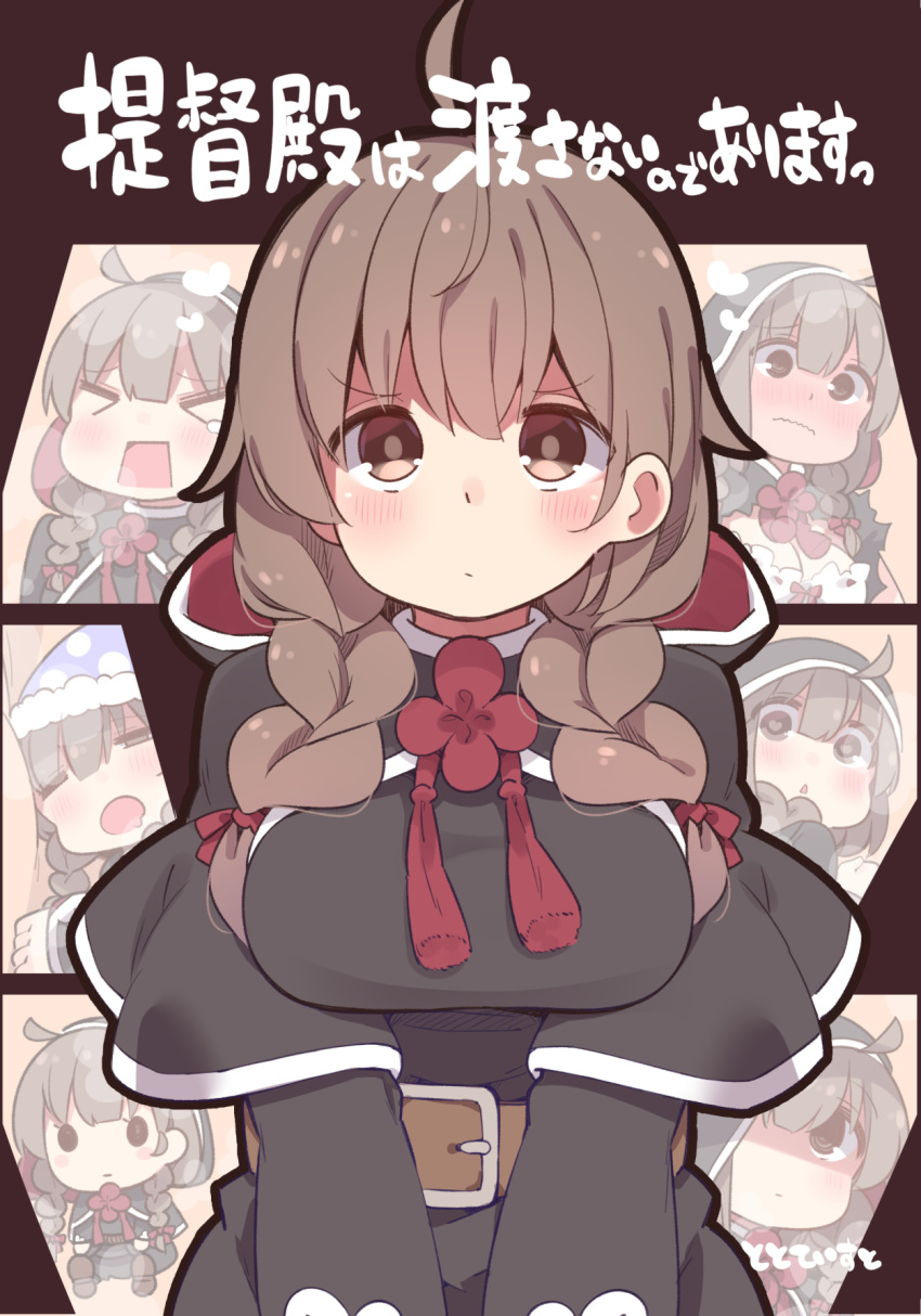 &gt;_&lt; 1girl @_@ ahoge belt belt_buckle black_capelet black_dress blush braid breasts brown_belt brown_eyes brown_hair buckle capelet closed_mouth dress eyebrows_visible_through_hair hair_between_eyes highres hood hooded_capelet kantai_collection large_breasts long_hair long_sleeves multiple_views open_mouth red_ribbon ribbon shaded_face shinshuu_maru_(kantai_collection) suzuki_toto triangle_mouth twin_braids