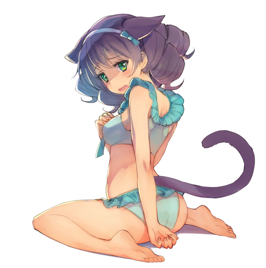 1girl animal_ears ass bangs bare_arms bare_legs bare_shoulders barefoot bikini black_hair blue_bikini blush breasts cat_ears cat_girl cat_tail cyan_(show_by_rock!!) drill_hair eyebrows_visible_through_hair fang frilled_bikini frills full_body green_eyes hand_up highres long_hair looking_at_viewer looking_back medium_breasts nyama open_mouth shadow show_by_rock!! sitting soles solo swimsuit tail wariza wavy_mouth white_background