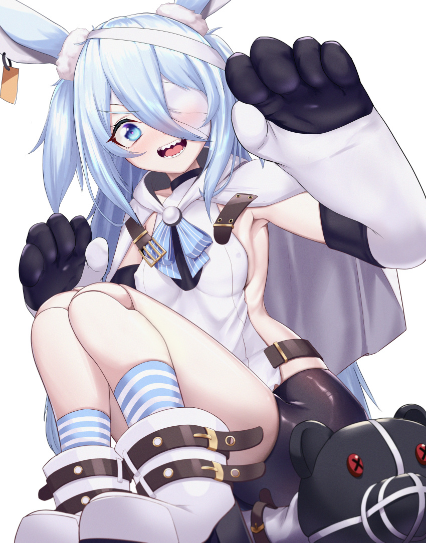 1girl absurdres animal_ears arm_up armpits bandage_over_one_eye bandages bike_shorts black_shorts blue_eyes boots breasts capelet doll_joints ear_tag elbow_gloves gloves highres huge_filesize joints legs little_witch_nobeta long_hair monica_(little_witch_nobeta) open_mouth panamuru rabbit_ears sharp_teeth short_shorts shorts silver_hair sitting small_breasts smile socks striped_footwear stuffed_animal stuffed_toy tabard teddy_bear teeth thighs two_side_up white_capelet white_footwear white_gloves white_tabard
