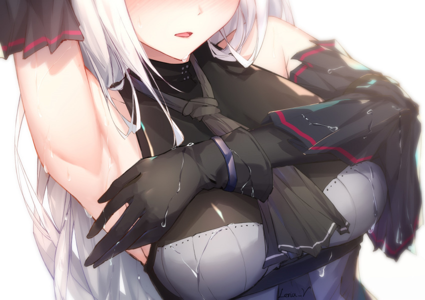 1girl arknights arm_up armpits bangs bare_shoulders black_gloves blush breasts close-up detached_sleeves gloves highres large_breasts leria_v long_hair necktie shirt simple_background skadi_(arknights) solo water_drop wet white_background white_hair