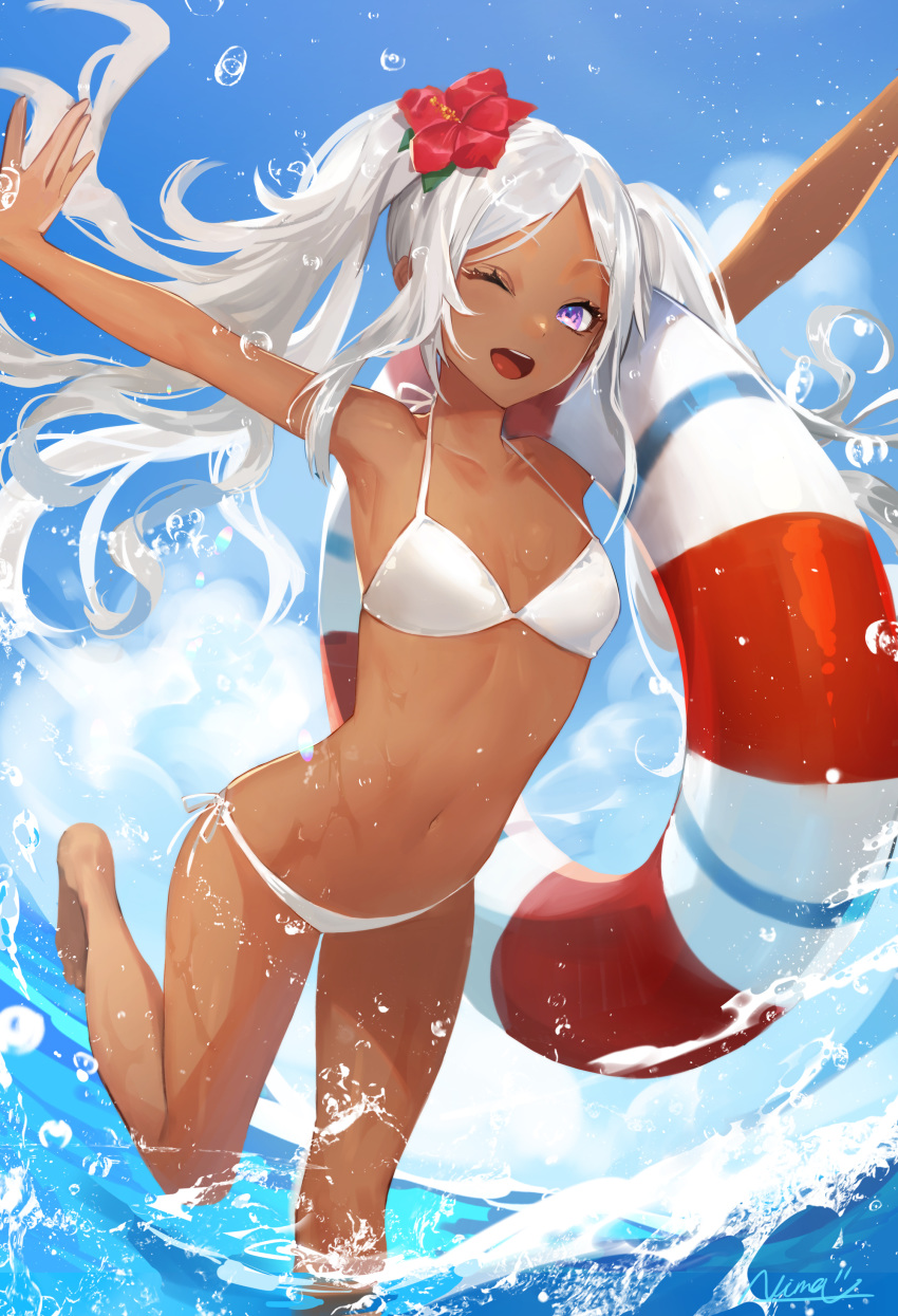1girl ;d absurdres armpits arms_up bangs bare_arms bare_shoulders bikini blue_sky breasts collarbone commentary dark_skin floating_hair flower hair_flower hair_ornament halter_top halterneck highres innertube leg_up long_hair looking_at_viewer navel nima_(niru54) one_eye_closed open_mouth original outdoors outstretched_arms parted_bangs side-tie_bikini sidelocks silver_hair sky small_breasts smile solo stomach string_bikini swimsuit thighs twintails violet_eyes wading water white_bikini