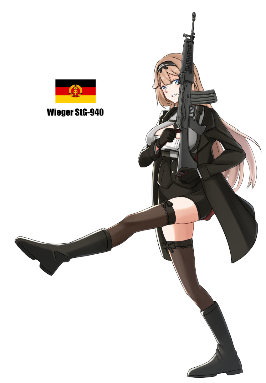 1girl absurdres assault_rifle belt black_footwear black_gloves black_jacket black_legwear black_shorts blazer blonde_hair blue_eyes boots character_name cyka east_german eyebrows_visible_through_hair girls_frontline gloves gun hairband hand_on_weapon highres holding holding_weapon jacket long_hair looking_at_viewer military rifle shorts smile solo stg-940_(girls_frontline) thigh-highs truth weapon white_background wieger_stg-940