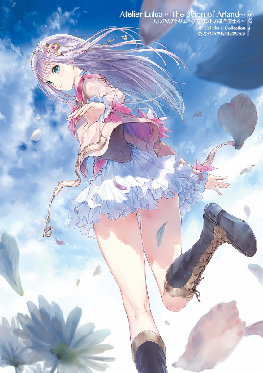 1girl absurdres atelier_(series) atelier_lulua bangs blue_sky blunt_bangs boots clouds cloudy_sky cross-laced_footwear day elmerulia_fryxell flower from_below green_eyes grey_hair hair_ornament heart highres kishida_mel knee_boots lace-up_boots long_hair long_sleeves looking_at_viewer looking_back miniskirt official_art outdoors petals simple_background skirt sky solo thighs white_skirt