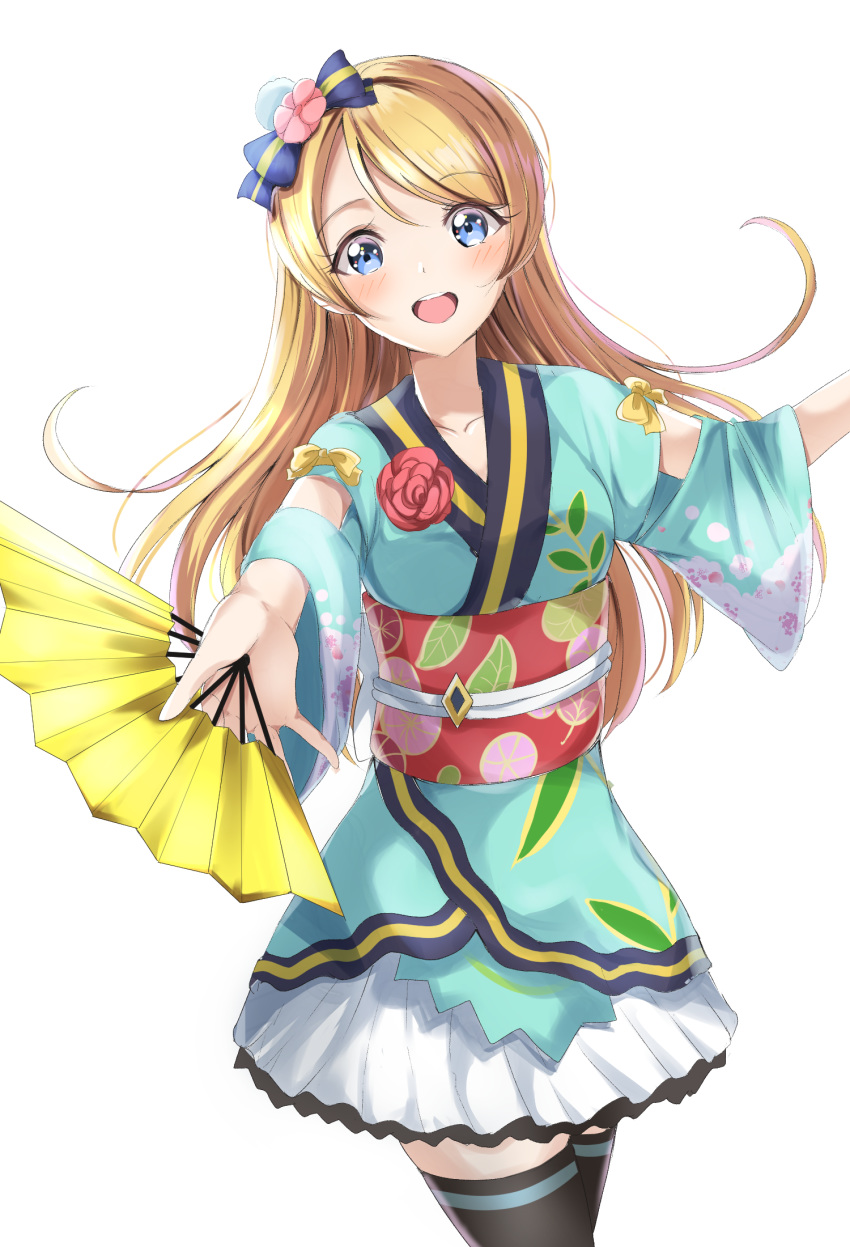 1girl ayase_eli bangs blonde_hair blue_eyes blue_kimono blush bow collarbone cowboy_shot eyebrows_visible_through_hair fan floral_print flower frills hair_bow highres japanese_clothes kimono long_hair looking_at_viewer love_live! love_live!_school_idol_project rose sash simple_background sin_(sin52y) skirt solo standing swept_bangs thigh-highs white_background wide_sleeves zettai_ryouiki