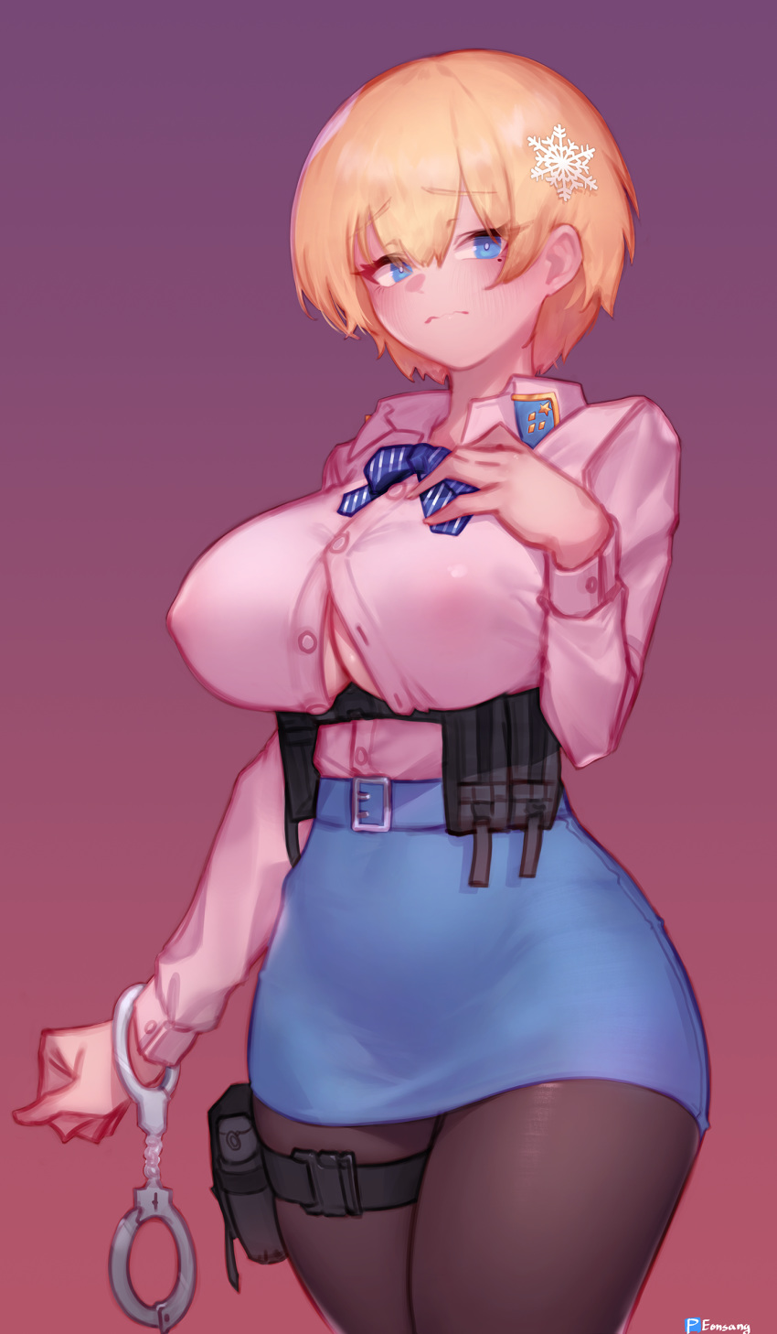 1girl absurdres black_legwear blonde_hair blue_eyes blue_skirt breasts closed_mouth collared_shirt covered_nipples cowboy_shot cuffs eonsang girls_frontline hair_ornament handcuffs highres large_breasts long_sleeves looking_at_viewer mole mole_under_eye pantyhose pencil_skirt shirt shirt_tucked_in short_hair skirt snowflake_hair_ornament solo vsk-94_(girls_frontline) white_shirt