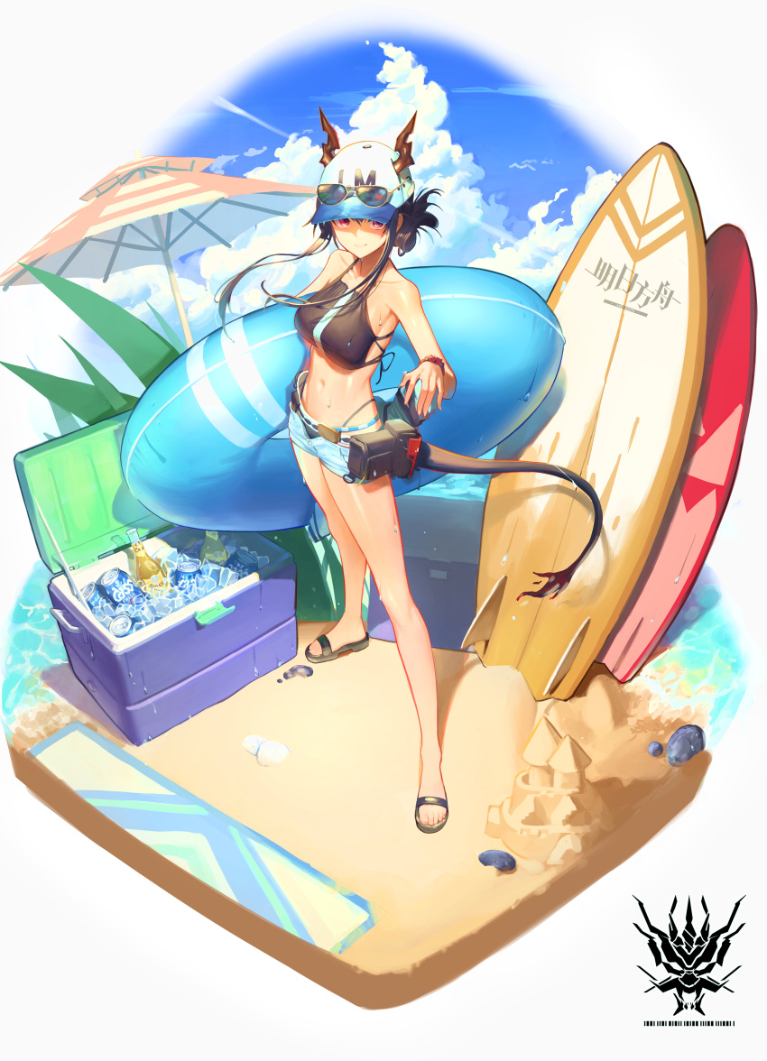 1girl absurdres alternate_costume arknights bangs bare_shoulders baseball_cap bikini blue_hair bracelet breasts ch'en_(arknights) day dragon_horns dragon_tail eyewear_on_headwear folded_ponytail full_body hair_between_eyes hat highleg highleg_bikini highres holding holding_innertube horns innertube jaws_(okdol0928) jewelry long_hair looking_at_viewer medium_breasts navel open_fly outdoors red_eyes sandals short_shorts shorts sidelocks solo stomach sunglasses surfboard swimsuit tail thighs wet