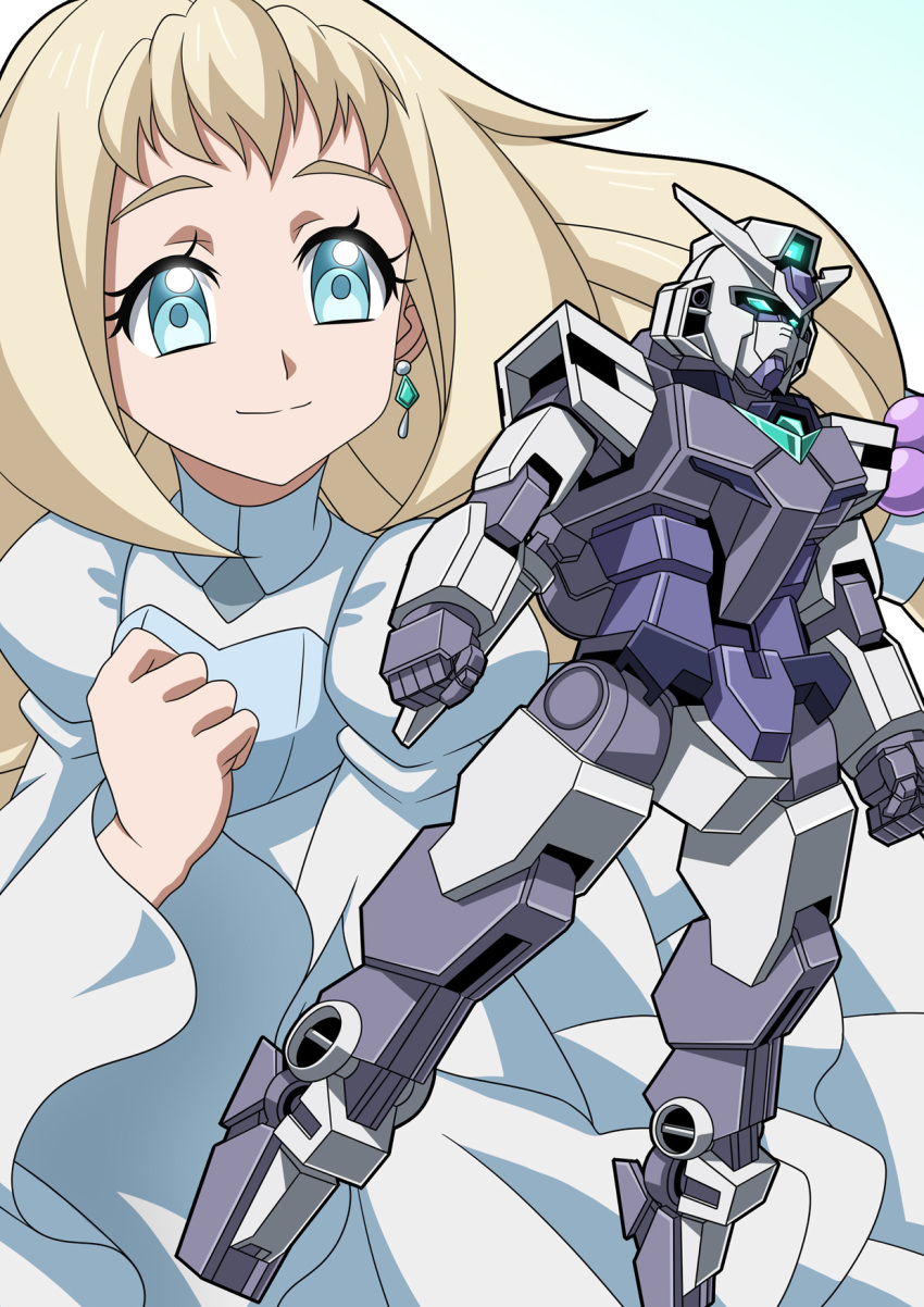 1girl aqua_eyes blonde_hair blue_eyes clenched_hands core_gundam dress earrings eve_(gundam_build_divers_re:rise) floating gundam gundam_build_divers gundam_build_divers_re:rise gunpla highres jewelry mecha smile v-fin watasi white_dress