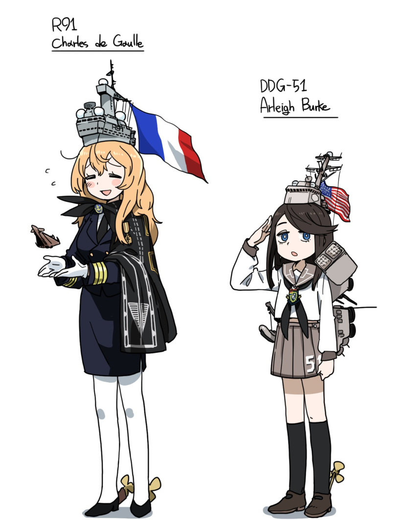 2girls american_flag anyan_(jooho) black_cape black_footwear black_hair black_legwear black_neckwear blonde_hair blue_eyes cape closed_eyes expressionless formal french_flag french_navy full_body gloves grey_skirt height_difference highres kneehighs long_hair long_sleeves looking_at_viewer mecha_musume medium_skirt multiple_girls navy_blue_jacket navy_blue_skirt necktie open_mouth original pantyhose pencil_skirt pleated_skirt rafale salute school_uniform serafuku shirt shoes skirt skirt_suit smile standing suit united_states_navy white_gloves white_legwear white_shirt