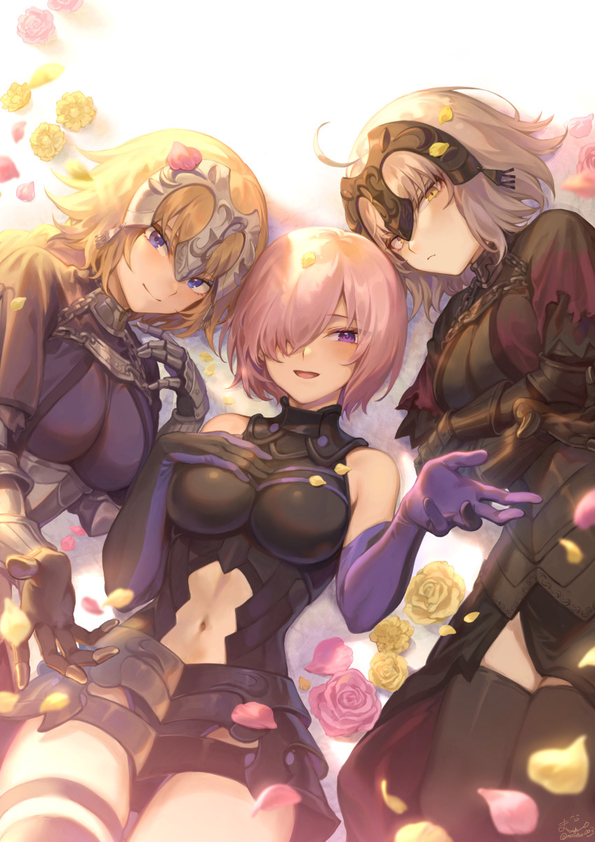 3girls bare_shoulders blonde_hair blue_eyes breasts elbow_gloves fate/grand_order fate_(series) flower gauntlets gloves grey_hair hair_over_one_eye highres jeanne_d'arc_(alter)_(fate) jeanne_d'arc_(fate) jeanne_d'arc_(fate)_(all) leotard looking_at_viewer lying mash_kyrielight mashuu_(neko_no_oyashiro) medium_breasts multiple_girls navel navel_cutout on_back on_side open_mouth pink_hair short_hair sleeveless smile violet_eyes yellow_eyes