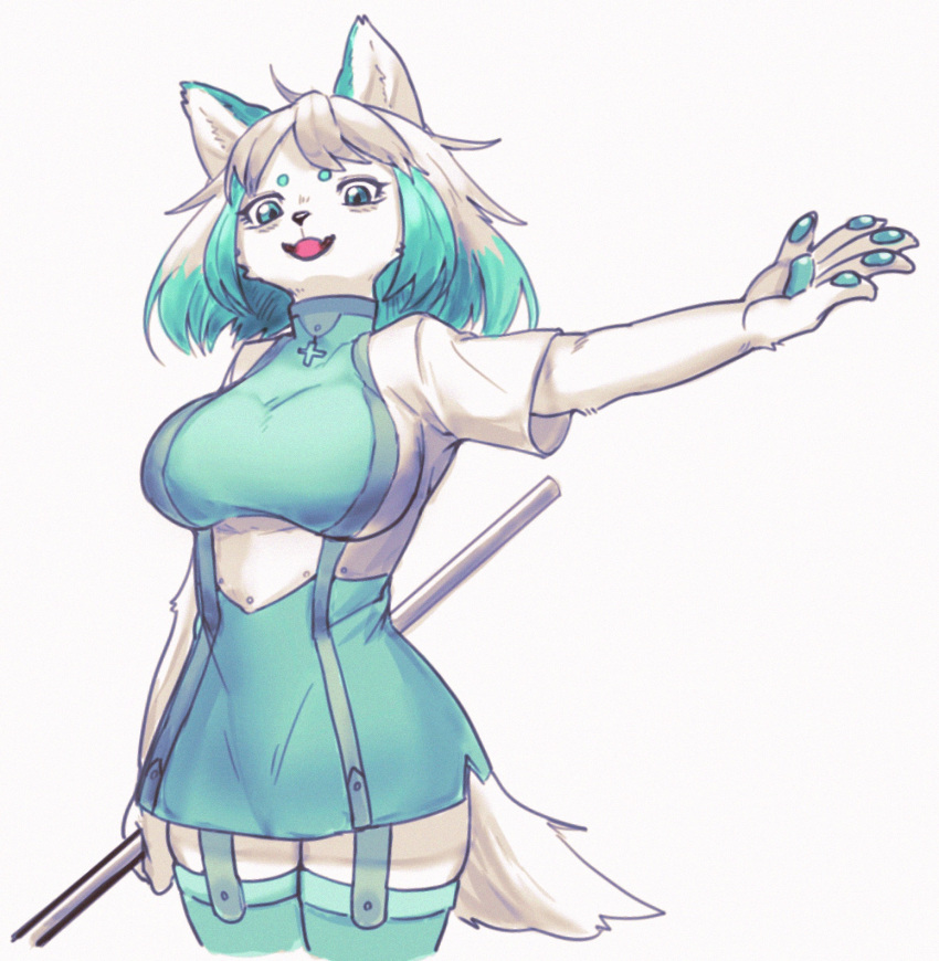 1girl animal_ears aqua_dress aqua_eyes aqua_hair aqua_legwear arm_up bangs breasts commentary_request cowboy_shot cropped_legs dog_ears dog_tail dress fangs furry garter_straps happy highres holding large_breasts looking_at_viewer multicolored_hair open_mouth original outstretched_arms pawpads paws rod short_dress short_hair short_sleeves side_slit simple_background skindentation smile solo standing suigi tail thigh-highs two-tone_hair white_background white_hair zettai_ryouiki