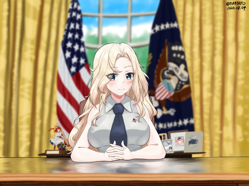 1girl absurdres american_flag artist_request atlanta_(kantai_collection) bird black_neckwear blonde_hair blue_eyes blue_hair brown_hair crossed_fingers dixie_cup_hat double_bun eagle hat highres hornet_(kantai_collection) kantai_collection military_hat necktie office oval_office ponytail samuel_b._roberts_(kantai_collection) saratoga_(kantai_collection) shirt short_hair side_ponytail sitting sleeveless sleeveless_shirt solo white_house window