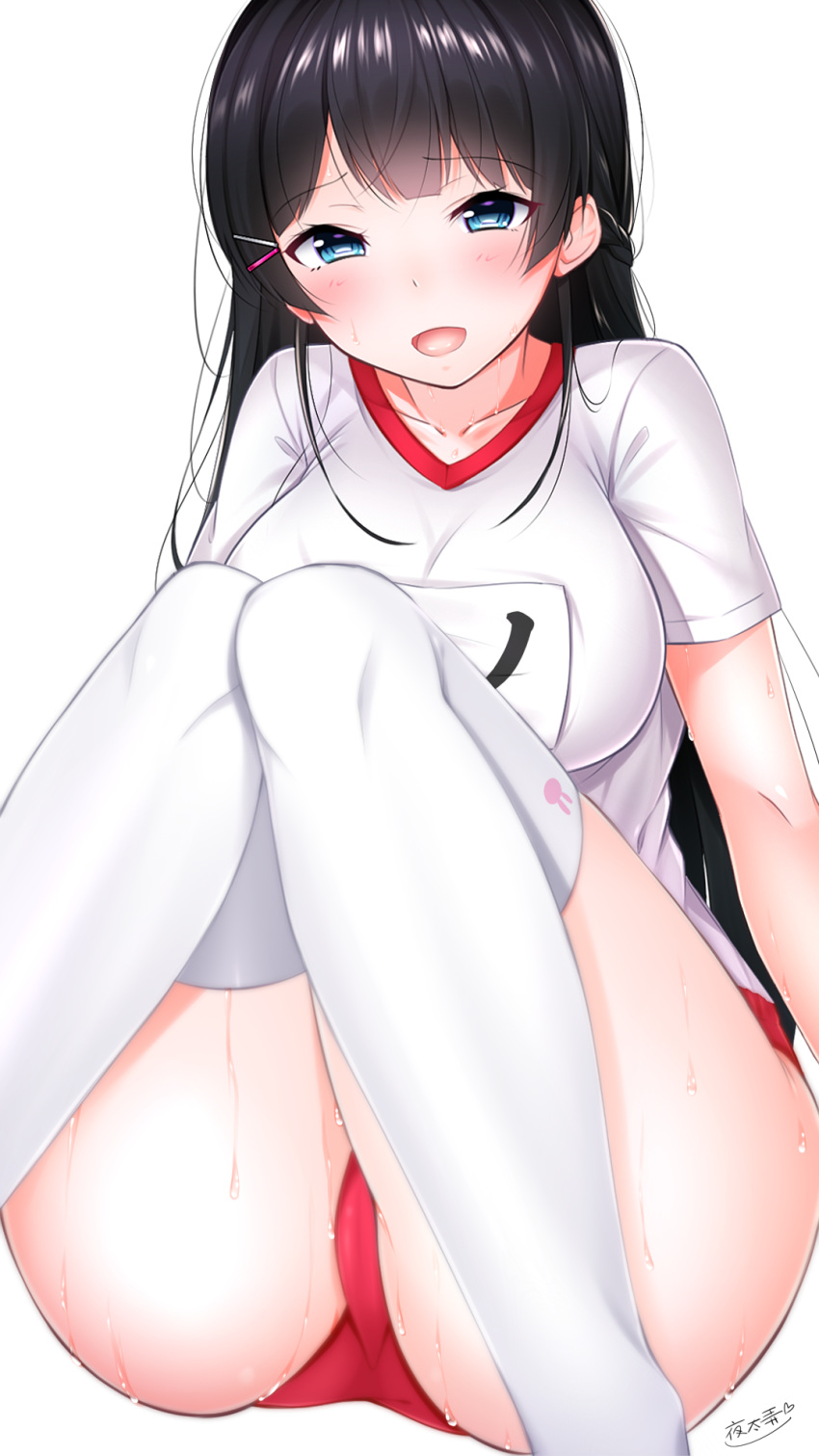 1girl :d aqua_eyes ass bangs black_hair blunt_bangs breasts buruma collarbone commentary_request feet_out_of_frame gym_uniform hair_ornament hairclip highres knees_together_feet_apart large_breasts long_hair medium_breasts nijisanji open_mouth shirt short_sleeves signature simple_background sitting smile solo sweat thigh-highs thighs tsukino_mito virtual_youtuber wet white_background white_legwear white_shirt yori_dai