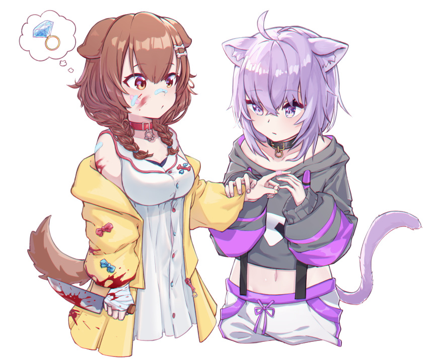 2girls absurdres animal_ears applying_bandaid bandaged_arm bandages bandaid bandaid_on_cheek bandaid_on_face bandaid_on_nose bandaid_on_shoulder blood blood_on_face blood_stain bloody_clothes bloody_weapon blush cat_ears cat_girl cat_tail choker collar dog_ears dog_girl dog_tail highres holding holding_knife hololive injury inugami_korone jewelry knife lajiang multiple_girls nekomata_okayu ring tail thought_bubble virtual_youtuber weapon wedding_ring yuri
